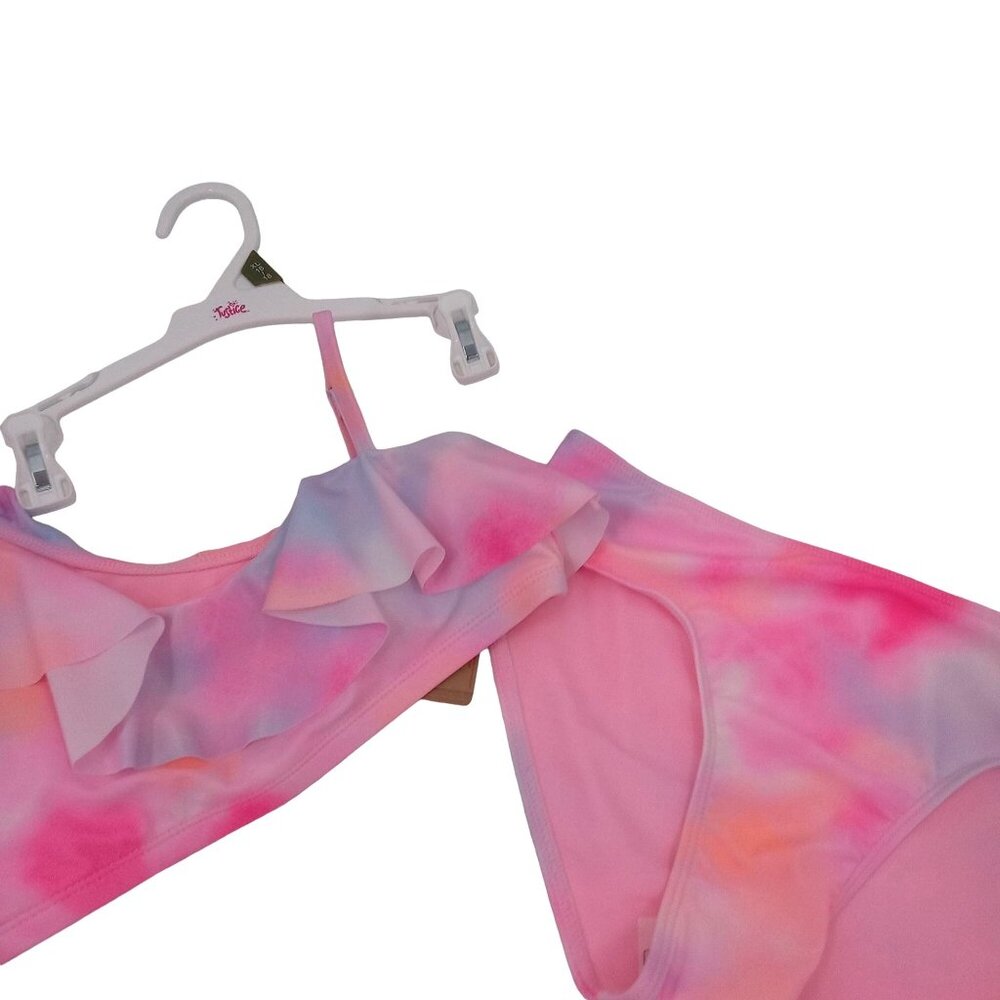 New Justice Girls Pink 2 Piece Bikini Size XL 16 18 Asymmetrical Ruffle Tie Dye - Picture 3 of 12